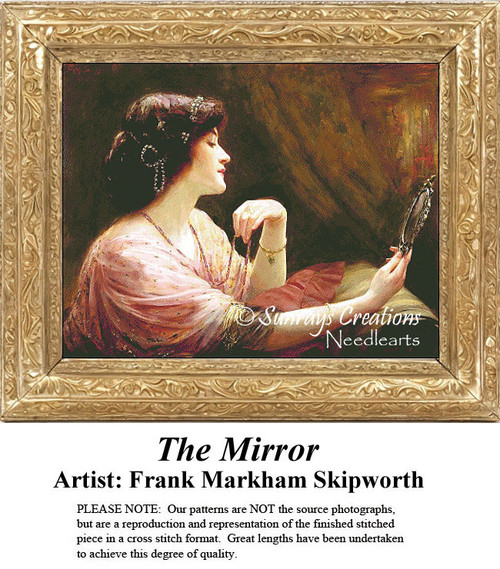 A woman admires her reflection in a mirror, her dark hair styled and wearing a pink dress, preserved as a counted cross stitch pattern.