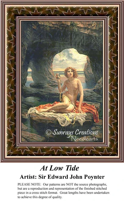 A woman seated on rocks at low tide, holding a shell, set in a coastal cave, rendered as an xstitch design by Sir Edward John Poynter.