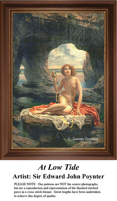 A woman seated on rocks at low tide, holding a shell, set in a coastal cave, rendered as an xstitch design by Sir Edward John Poynter.