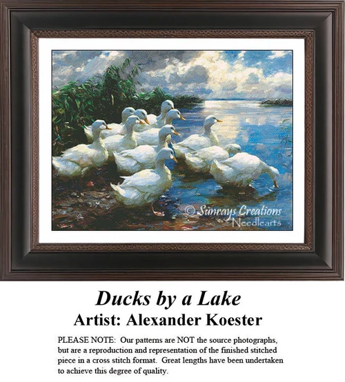 A flock of white ducks gather near the water's edge under a blue sky filled with clouds, designed as a counted xstitch kit by Alexander Koester.
