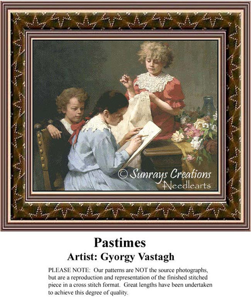 Three girls gather around a table, focused on stitching and craft, composed as a counted cross stitch pattern by Gyorgy Vastagh.