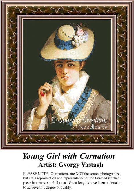 A young girl in a large hat holds a carnation, depicted as a counted cross stitch pattern, perfect for your next cross stitch project.