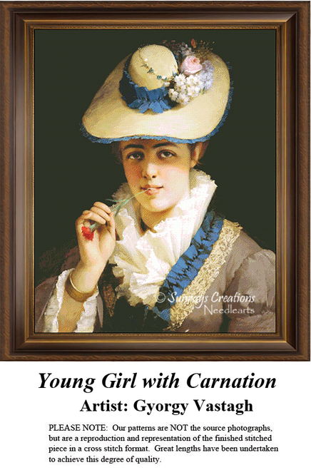 A detailed counted cross-stitch pattern preview of György Vastagh's painting, "Young Girl with Carnation." The Romantic Realist portrait design features a charming young girl with delicate floral accents, capturing tender grace under soft portrait lighting.