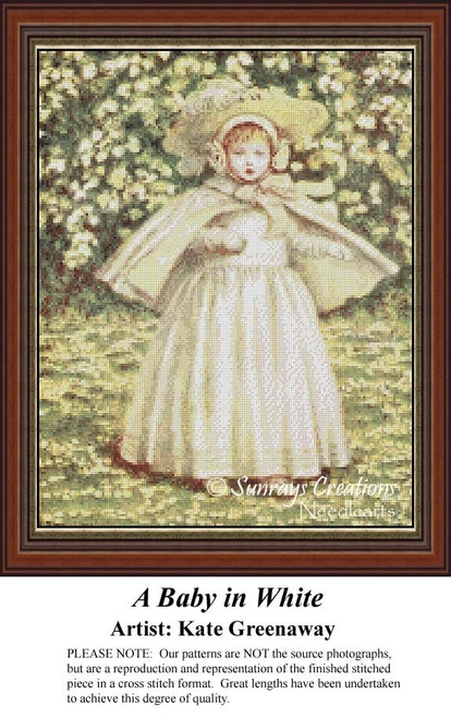 A little girl in a white dress and hat stands amidst flowers and clover, offered as a counted cross stitch pattern by Kate Greenaway.