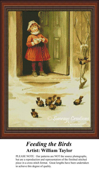 A young girl in a red dress stands in a doorway, throwing crumbs to birds on the ground in this counted cross stitch design by William Taylor.