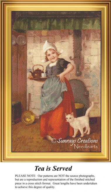 A young girl in a bonnet stands in a cozy kitchen, holding a kettle to serve tea, while her white cat sits beside her. This is a cross stitch chart.