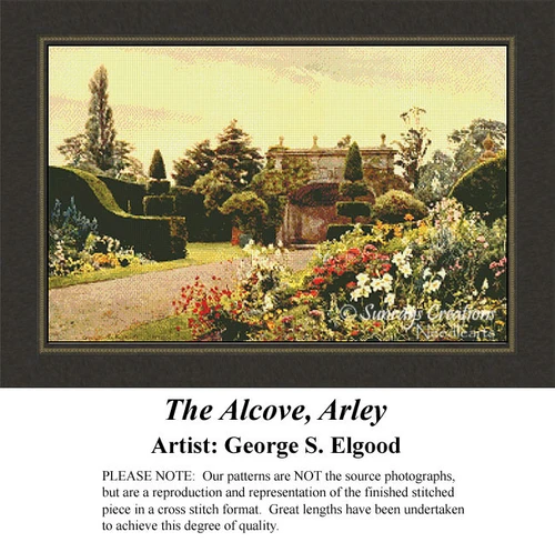 A lush English garden alcove with topiaries and flowers, preserved as a counted cross stitch pattern by artist George S. Elgood.