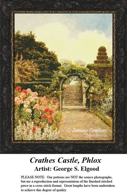 A garden path leads toward a grand archway, surrounded by blooming phlox flowers, in this xstitch design by George S. Elgood.