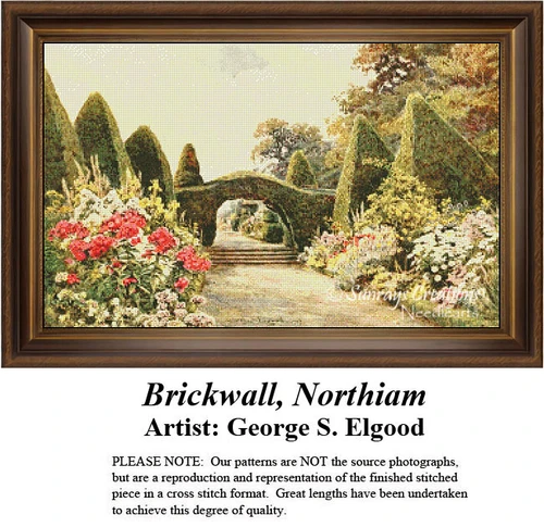 A garden path leads through lush greenery and vibrant flowers against a grand garden wall, yours as a counted cross stitch kit.