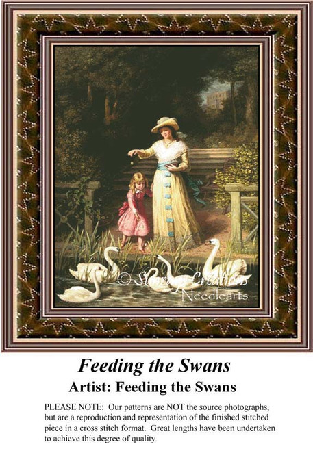 A woman in a pale dress stands by a pond, showing a girl in a pink dress how to feed swans, as seen in this printable pattern by Phillip Richard