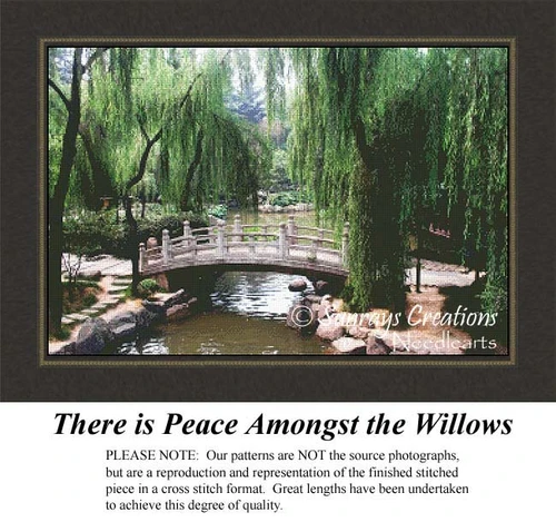 A serene summer landscape with lush willows framing a peaceful creek and an elegant bridge, designed as a BAP cross stitch pattern.