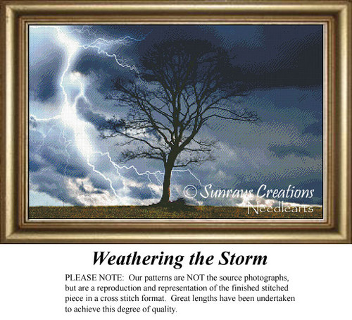 A lone tree stands against a dark night sky, illuminated by lightning, featured as a counted cross stitch pattern called Weathering the Storm.