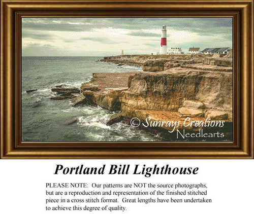 Portland Bill Lighthouse stands tall on rocky cliffs by the sea, rendered as a counted cross stitch design, featuring its red and white markings