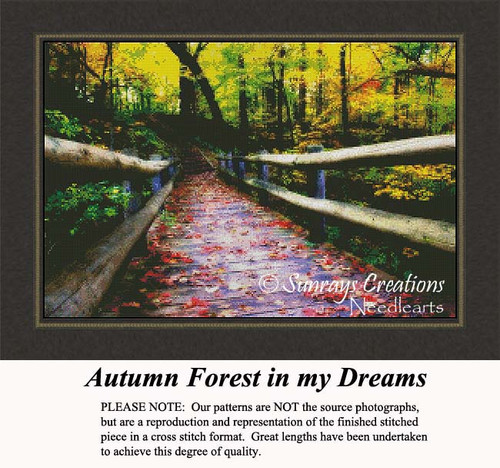 A wooden bridge covered with red leaves leads through a vivid forest of golden and chartreuse greens, transformed into a counted cross stitch pattern.