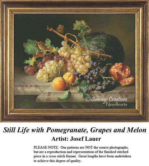 Fine Art Cross Stitch Pattern | Still Life with Pomegranate, Grapes and Melon