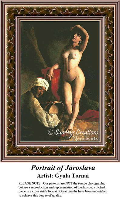 A nude woman poses gracefully, with an Asian figure attending her, based on Gyula Tornai's work, available as a digital file for cross stitch.
