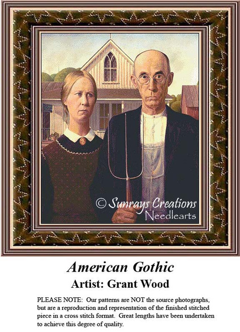 A man and woman standing in front of a farmhouse, stitched in the BAP cross stitch style, inspired by Grant Wood's iconic American Gothic painting.