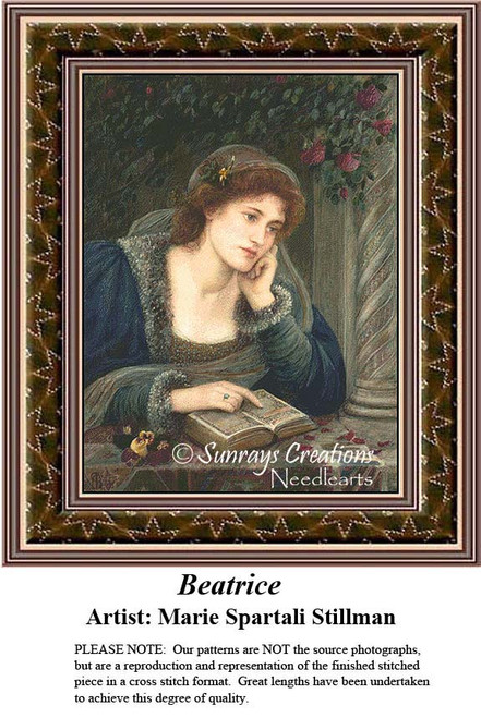 A woman with flowing hair rests her chin on her hand, gazing thoughtfully, reimagined as a counted cross stitch pattern by Marie Spartali Stillman.