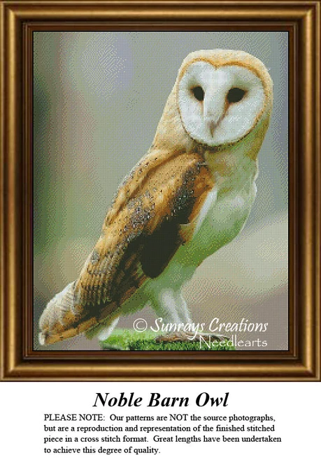 A barn owl stands elegantly with its distinctive heart-shaped face and mottled feathers, designed as an xstitch pattern for needlework enthusiasts.