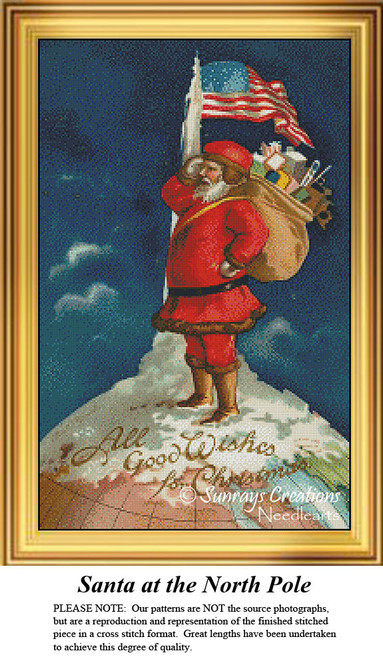 Santa stands proudly at the North Pole, saluting the American flag, framed as a counted cross stitch chart.