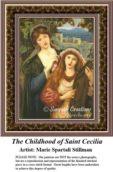 A woman holds a lyre while another gently touches her shoulder in a pastoral setting, part of a digital file designed by Marie Spartali Stillman.