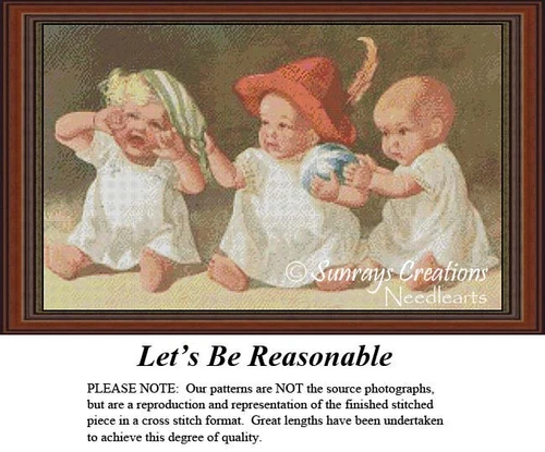 Three babies are depicted in a playful scene, one crying and the others engaged in antics, waiting as your next cross stitch project.
