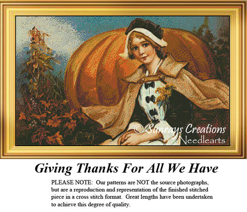 A woman in Pilgrim attire stands next to a large pumpkin, yours to stitch as a counted cross stitch chart, celebrating Thanksgiving.