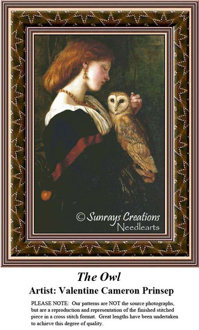 A woman gazes at an owl, framed elegantly, inspired by the Pre-Raphaelite style of Valentine Cameron Prinsep, perfect for your cross stitch project.