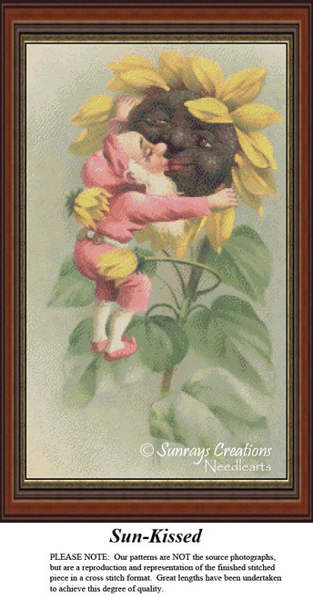 An elf lovingly kisses a sunflower as part of a counted cross stitch kit, surrounded by lush green leaves on a soft background.