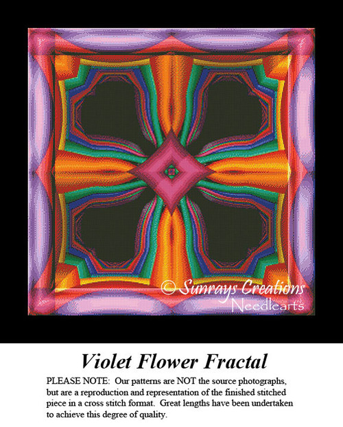 A vibrant design of interlocking shapes in orange, red, blue, green, yellow, and violet is displayed as a counted cross stitch chart.
