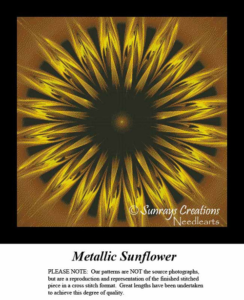 A sunflower with a large brown center and golden metallic petals radiates outward, represented as a cross stitch kit in a vibrant design.