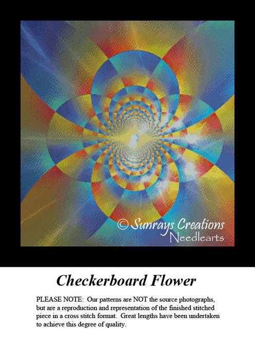 A colorful fractal bloom in a checkerboard pattern, blending blue, orange, and gold hues, designed for cross stitch by Sunrays Creations.