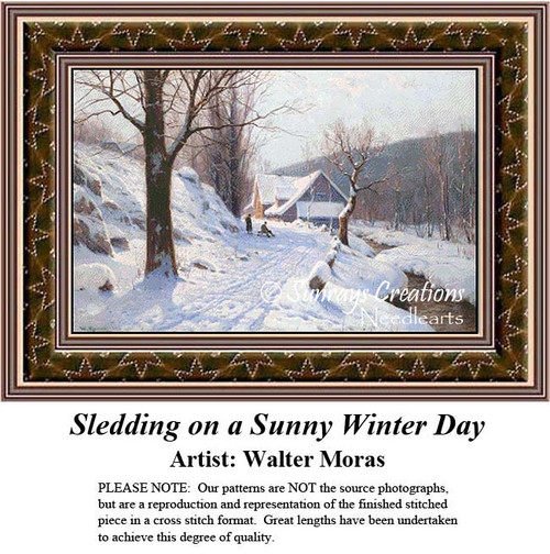 Winter Cross Stitch Pattern | Sledding on a Sunny Winter Day 