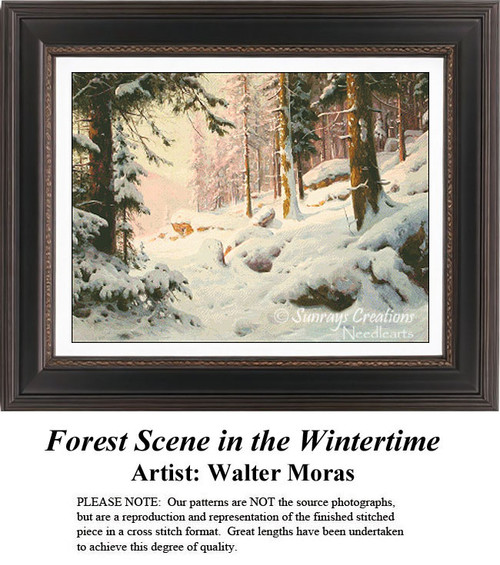 A snowy forest clearing bathed in sunlight, with soft shadows and untouched snow, designed as a digital file by Walter Moras for Sunrays Creations.