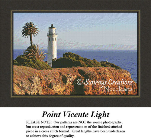 A lighthouse stands tall on a cliff, surrounded by palm trees, as part of a counted cross stitch pattern titled Point Vicente Light, overlooking the