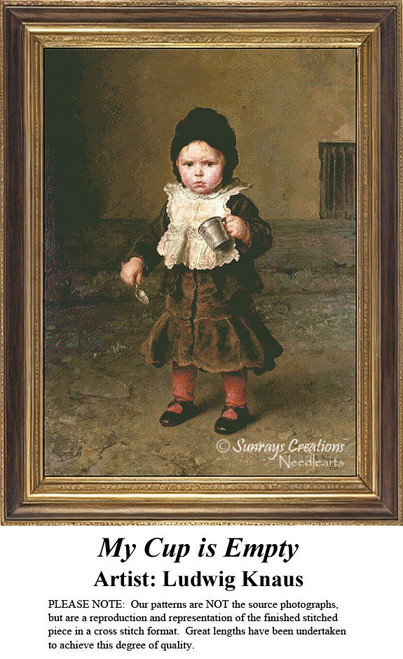 A young girl with a pout stands holding an empty cup, dressed in a black outfit with a lace collar. This cross stitch design is based on Ludwig