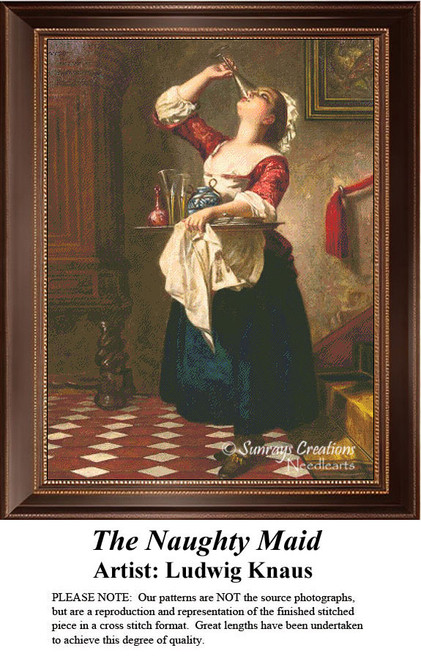 A woman in a red bodice and white apron sips from a glass while holding a tray, depicted in this cross stitch chart from Ludwig Knaus.