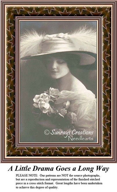 A sepia digital pattern of a woman wearing a large-brimmed hat adorned with ribbon and feathers, holding a bouquet of flowers.