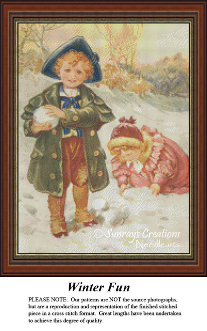 Two children play in the snow, one holding a snowball while the other bends down, ready for your next cross stitch project.