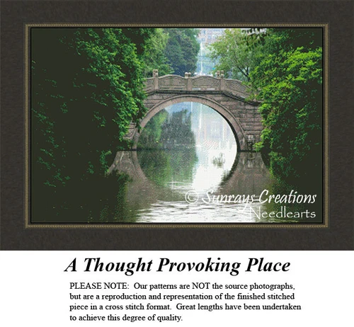 A serene bridge arches over a tranquil river, surrounded by thick greenery, designed as a counted cross stitch kit for nature lovers.