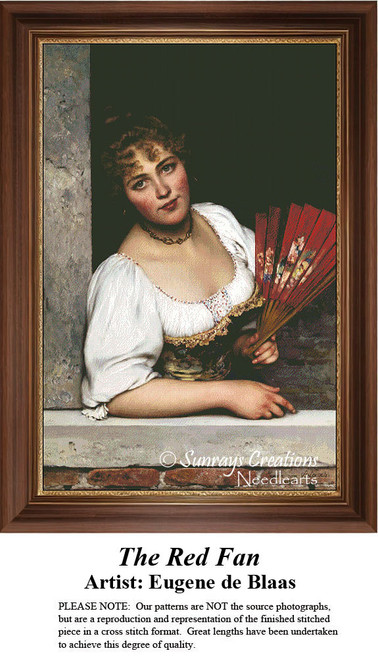A woman leans out of a window holding a vibrant crimson fan, part of a cross stitch design by Eugene de Blaas from the 19th century.