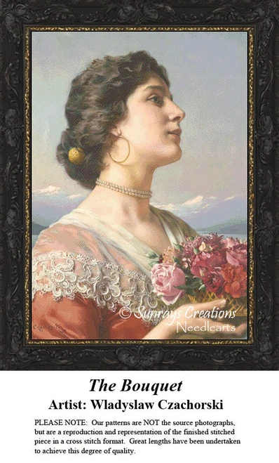 A woman wearing earrings and a salmon-colored dress holds a bouquet of flowers, frozen in time as a counted cross stitch pattern.