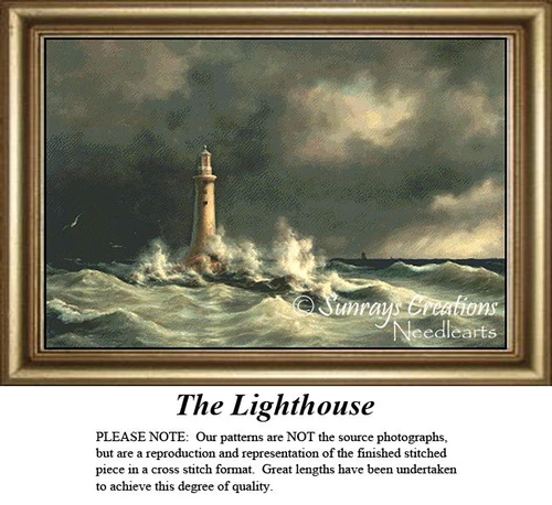 A lighthouse stands strong against dark storm clouds and crashing waves, designed as a counted cross stitch kit for dedicated stitchers.