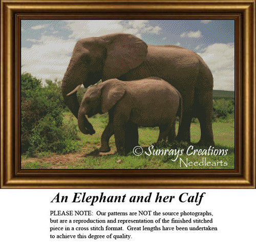 A mother elephant and her calf foraging for food in the Serengeti, shown as a counted cross stitch design with solid colors on aida cloth.