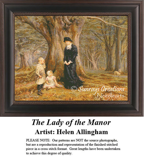 A woman in a black dress stands with two children among autumn trees, translated into a counted cross stitch design by Helen Allingham.