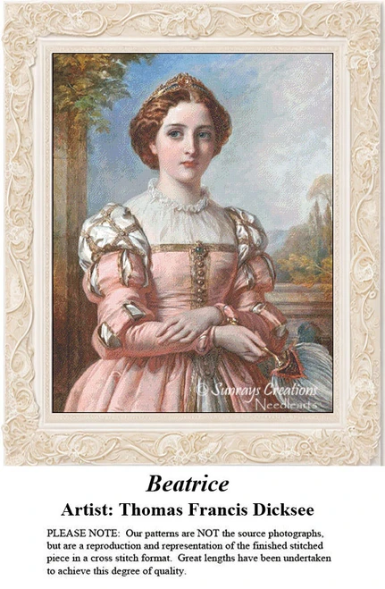 A woman in a pink gown stands elegantly, hands clasped, surrounded by a verdant landscape in this cross stitch kit by Thomas Francis Dicksee.