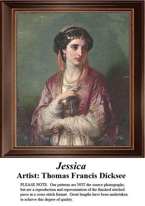 A young woman with dark hair and ornate attire gazes thoughtfully, immortalized as a counted cross stitch pattern by Thomas Francis Dicksee.
