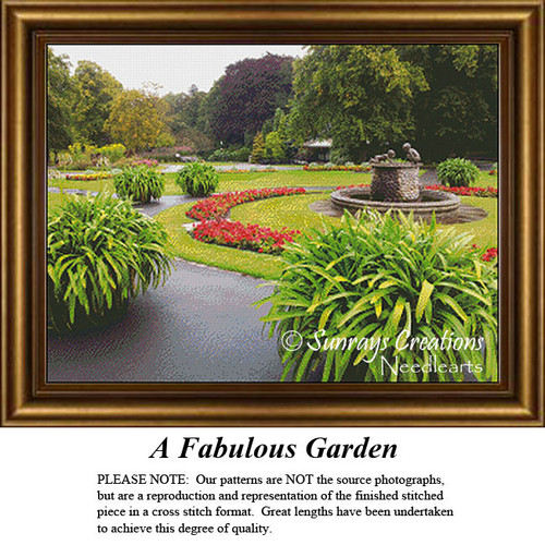 A lush garden scene with winding paths, vibrant plant beds, and a central fountain, all illustrated in this xstitch design for a tranquil atmosphere.