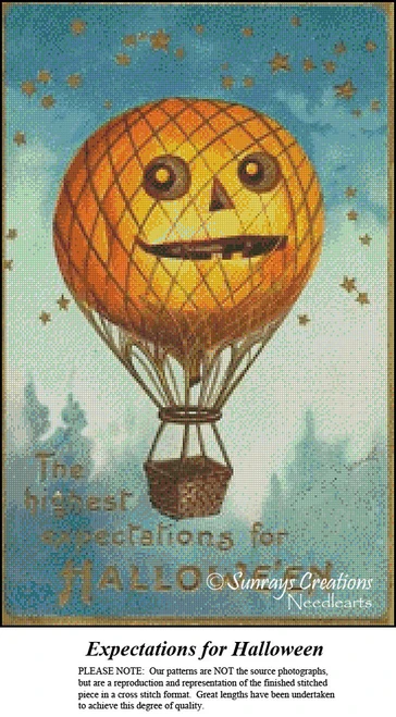 A hot air balloon shaped like a jack-o-lantern floats in a starry sky above urban rooftops, part of the Expectations for Halloween xstitch kit.