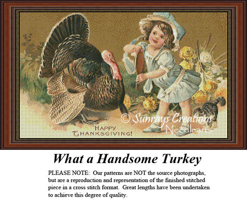 A little girl holds a mirror up to her pet turkey, with a cat nearby, frozen in time as a counted cross stitch pattern.